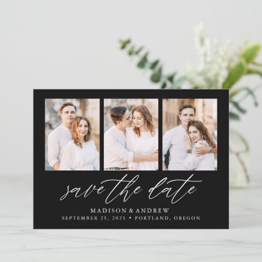 Elegant Script Black 3 Photo Collage Save The Date (Staand voorkant)