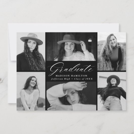 Elegant Script Black 6 Photo Collage Afstuderen Aankondiging (Voorkant)