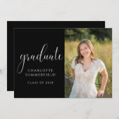 Elegant Script Black Afstuderen Photo Invitation Kaart (Voorkant / Achterkant)