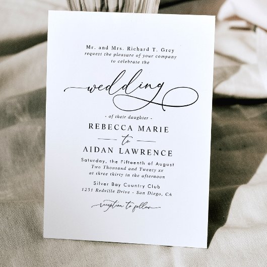 Elegant Script Black and White Minimal Wedding Kaart