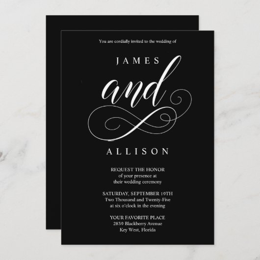 Elegant Script Black and White Wedding Invitation Kaart (Voorkant / Achterkant)