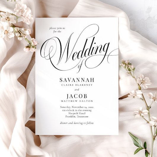 Elegant Script Black and White Wedding Kaart