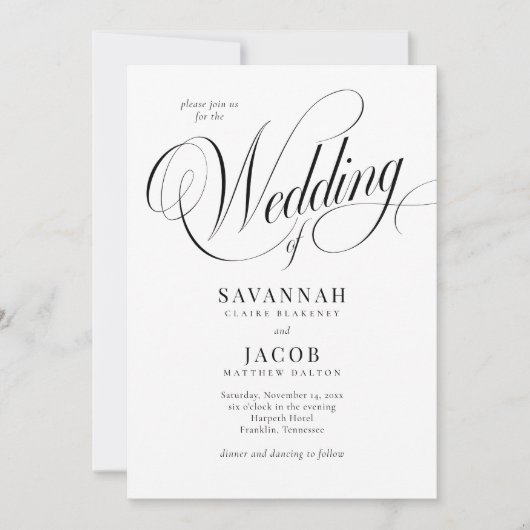 Elegant Script Black and White Wedding Kaart (Voorkant)