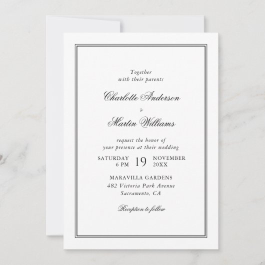 Elegant Script Black and White Wedding Kaart (Voorkant)