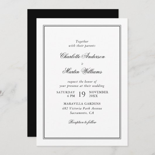 Elegant Script Black and White Wedding Kaart (Voorkant / Achterkant)