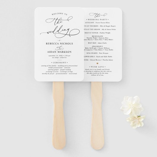 Elegant Script Black and White Wedding Program Handwaaier (Voorkant en achterkant)