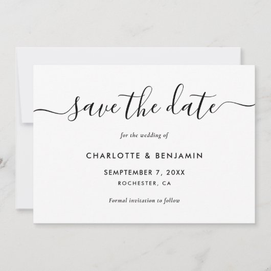 Elegant Script Black and White Wedding Save The Date (Voorkant)