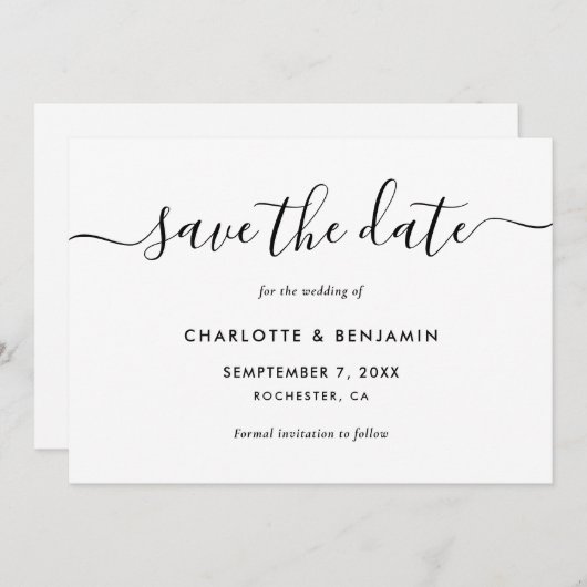 Elegant Script Black and White Wedding Save The Date (Voorkant / Achterkant)