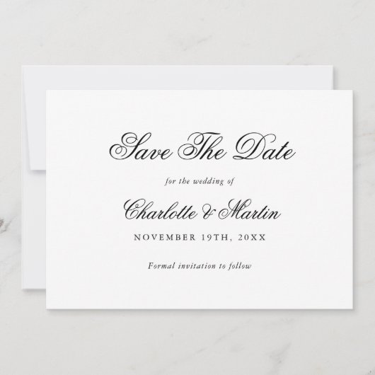 Elegant Script Black and White Wedding Save The Date (Voorkant)