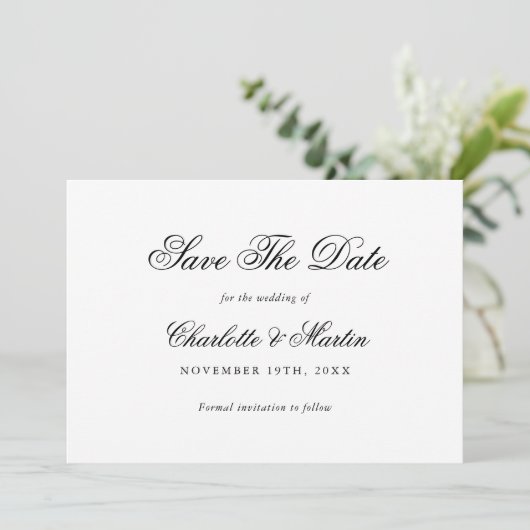 Elegant Script Black and White Wedding Save The Date (Staand voorkant)