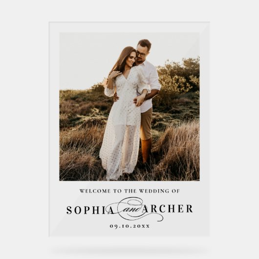 Elegant Script Black and White Wedding Welcome Acryl Bord (Voorkant)