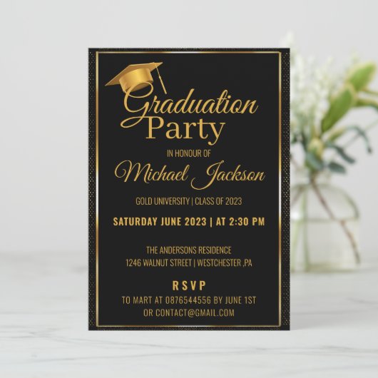 Elegant Script Black Confetti Graduparty Kaart (Staand voorkant)