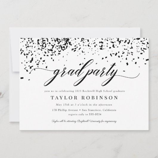 Elegant Script Black Confetti Graduparty Kaart (Voorkant)
