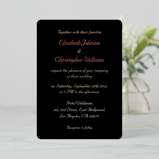 Elegant Script Black Custom Weddenschap Roos Gold Folie Uitnodiging (Staand Voorkant)