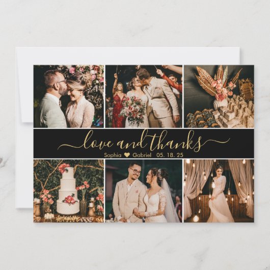 Elegant Script Black en Gold 6 Photo Collage Bedankkaart (Voorkant)