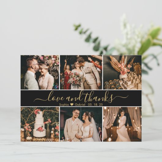 Elegant Script Black en Gold 6 Photo Collage Bedankkaart (Staand voorkant)