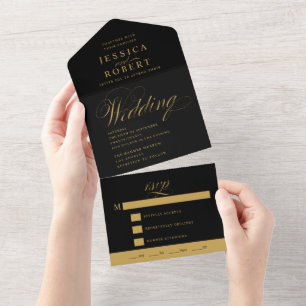 Elegant Script Black en Gold Calligraphy Wedding All In One Uitnodiging