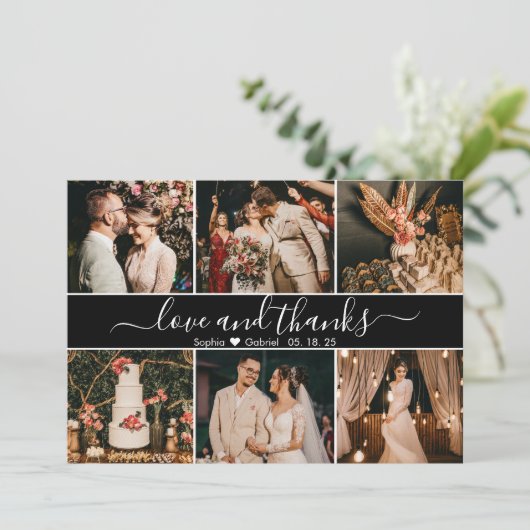 Elegant Script Black en White 6 Photo Collage Bedankkaart (Staand voorkant)