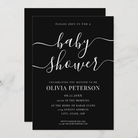 Elegant Script Black en White Baby shower Kaart (Voorkant / Achterkant)