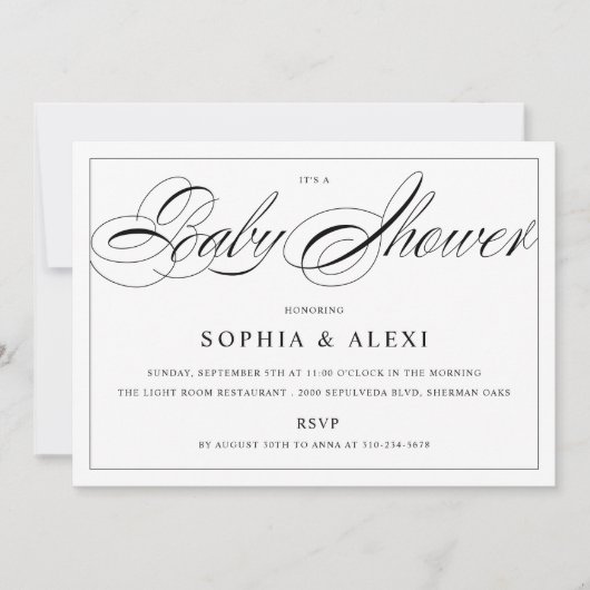 Elegant Script Black en White Baby shower Kaart (Voorkant)