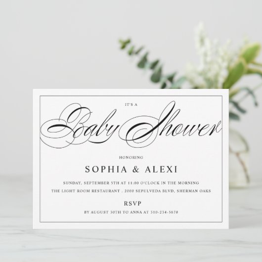 Elegant Script Black en White Baby shower Kaart (Staand voorkant)