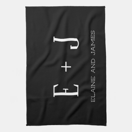 Elegant Script Black en White Monogram Personalis Theedoek (Verticaal)