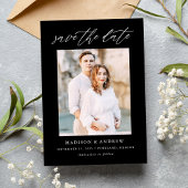 Elegant Script Black en White Photo Save The Date
