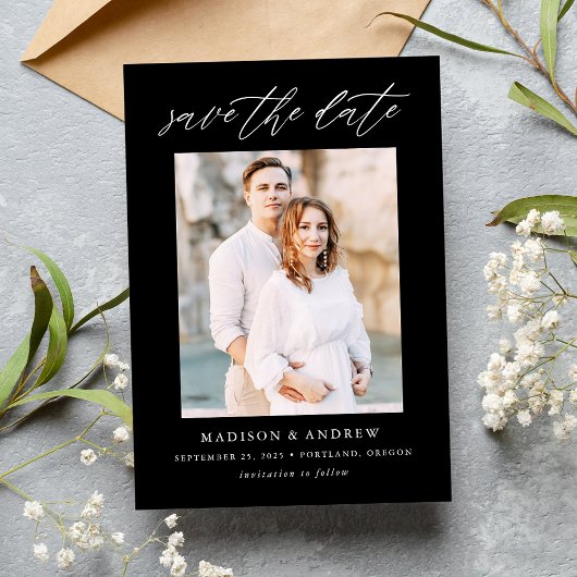 Elegant Script Black en White Photo Save The Date