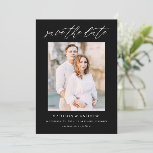 Elegant Script Black en White Photo Save The Date (Staand voorkant)