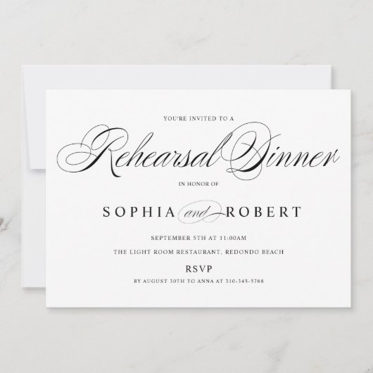 Elegant Script Black en White Rehearsal Dinner Kaart (Voorkant)