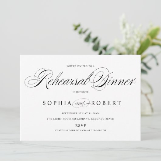 Elegant Script Black en White Rehearsal Dinner Kaart (Staand voorkant)