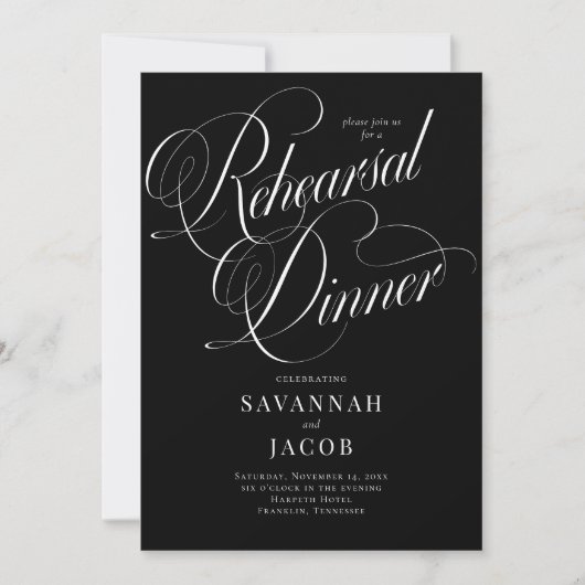 Elegant Script Black en White Rehearsal Dinner Kaart (Voorkant)