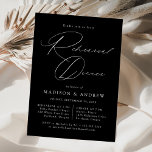 Elegant Script Black en White Rehearsal Dinner Kaart<br><div class="desc">Onze moderne repetitie diner uitnodigingen zijn voorzien van de woorden "Repetial Dinner" weergegeven in elegante witte kalligrafie script met een zwarte achtergrond (of kleur naar keuze). Personaliseer de zwart-wit repetitie diner uitnodigingen met uw namen, de datum, repetitie informatie, en diner details. De chique uitnodiging is perfect te gebruiken voor zowel...</div>