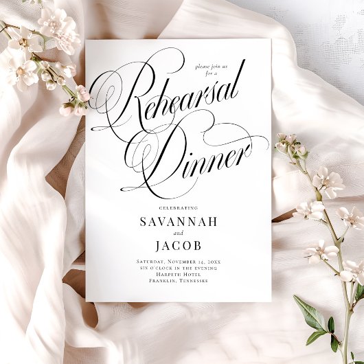 Elegant Script Black en White Rehearsal Dinner Kaart