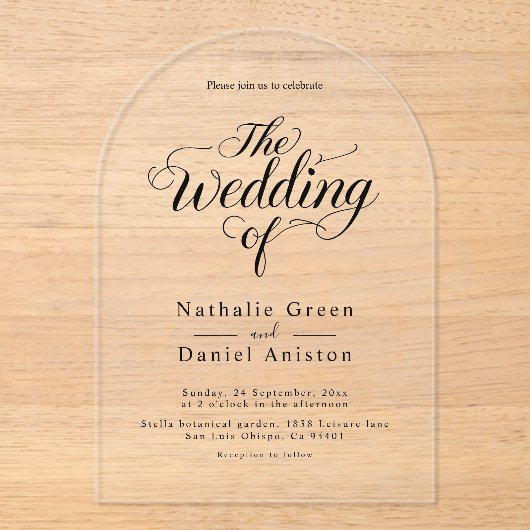 Elegant Script Black en White Simple Wedding Acryl Uitnodigingen (Voorkant)