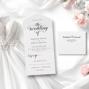 Elegant Script Black en White Simple Wedding All In One Uitnodiging