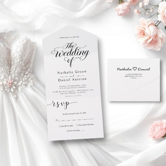 Elegant Script Black en White Simple Wedding All In One Uitnodiging
