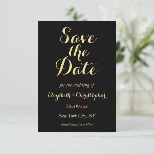 Elegant Script Black Faux Gold Wedding Verloving Save The Date (Staand voorkant)