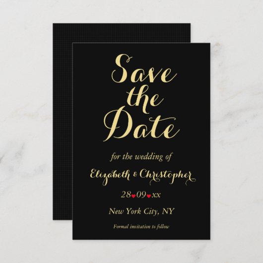 Elegant Script Black Faux Gold Wedding Verloving Save The Date (Voorkant / Achterkant)