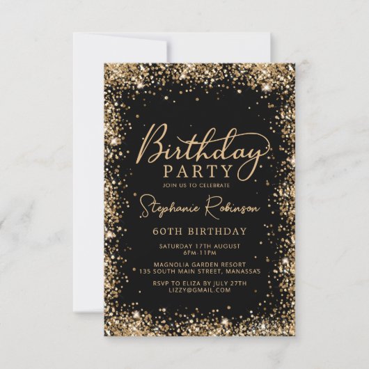 Elegant Script Black Gold Glitter 60th Birthday Kaart (Voorkant)