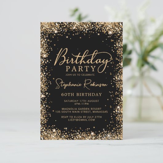 Elegant Script Black Gold Glitter 60th Birthday Kaart (Staand voorkant)