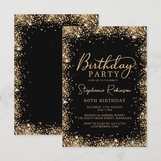 Elegant Script Black Gold Glitter 60th Birthday Kaart (Voorkant / Achterkant)