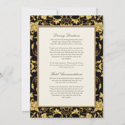 Elegant Script Black Gold Glitter Damask Wedding Kaart (Voorkant)