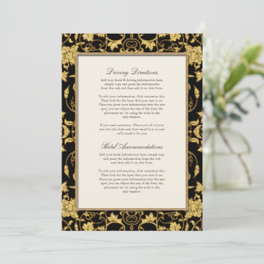 Elegant Script Black Gold Glitter Damask Wedding Kaart (Staand voorkant)
