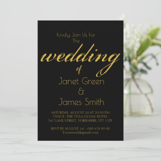 Elegant Script Black & Gold Invitation Kaart (Staand voorkant)