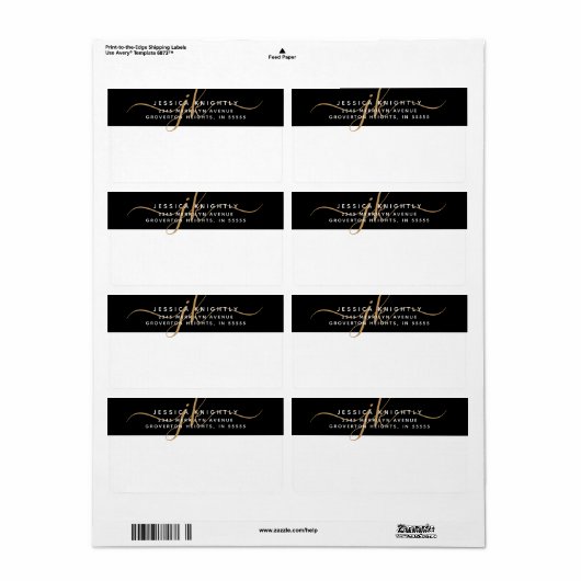 Elegant Script Black Gold Monogram Initials Etiket (Full Sheet)