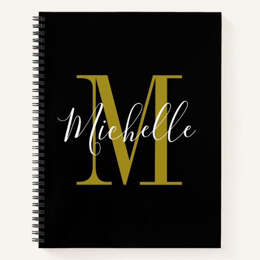 Elegant Script Black Gold Monogram naam Notitieboek (Voorkant)