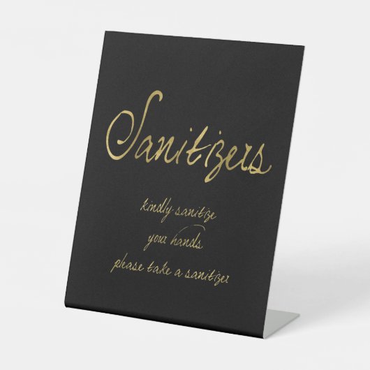 Elegant Script Black Gold Sanitizers Weddenschap Reclamebord Met Voetstuk (Voorkant)