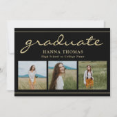Elegant Script Black Gold Three Photo Afstuderen Kaart (Voorkant)
