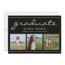 Elegant Script Black Gold Three Photo Afstuderen